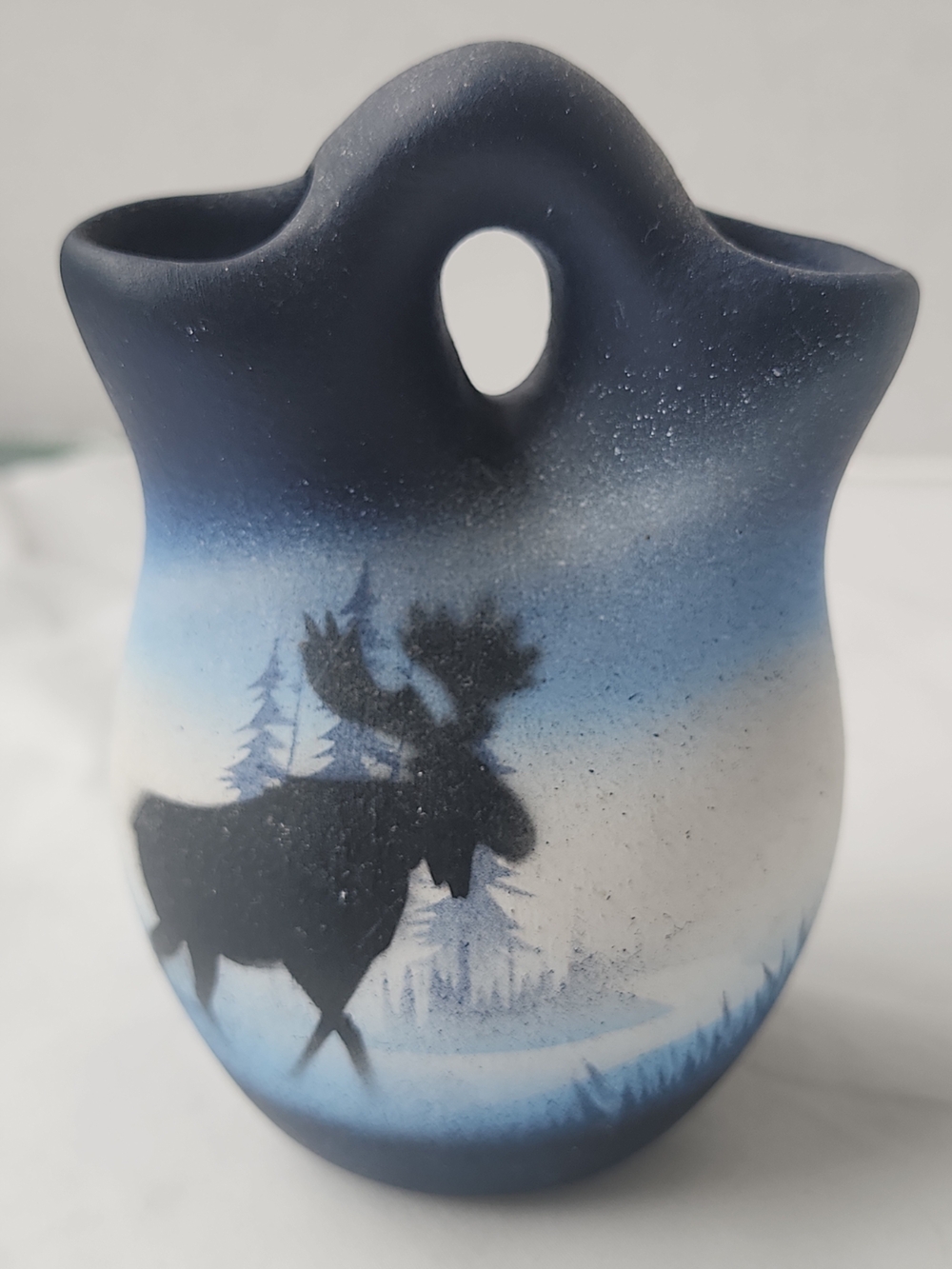 Vintage Native Navajo Wedding Vase Signed Laughing Dine 4” Blue Moose Eagle